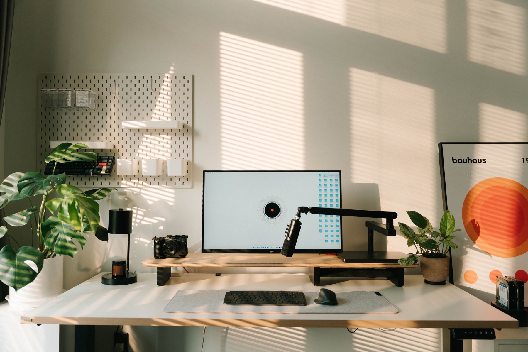 Sunlit premium desk setup with monitor, microphone arm, plants, and adjustable desk